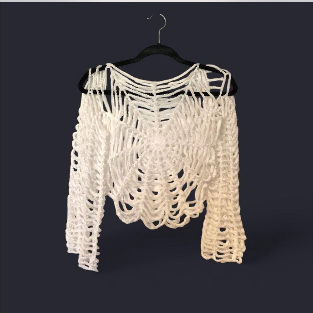 crochet white spiderweb mesh long sleeve top